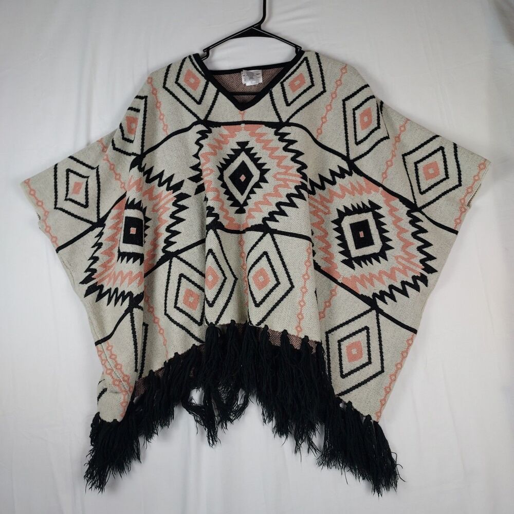 Boho Aztec Print Poncho Sweater by Melrose and Market, One Size, V-Neck Fringe